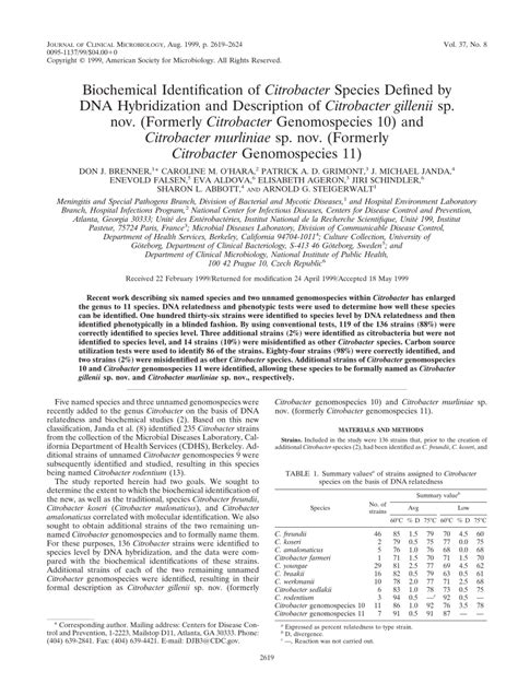 Biochemical Identification of Citrobacter Species Defined by DNA .